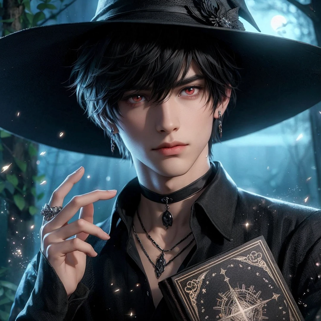 Handsome boy, black hair, red eyes, wearing black witch hat, wearing black witch clothes, holding a black magic book, magic forest background