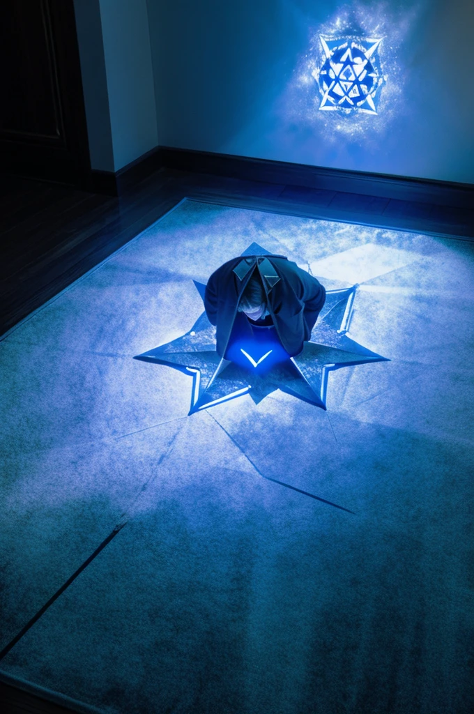 A glowing blue hexagram magic circle is drawn on the floor of the room.。A dim, foggy room。Poor visibility。