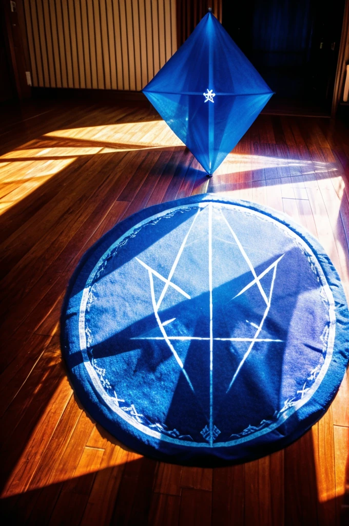 A glowing blue hexagram magic circle is drawn on the floor of the room.。A dim, foggy room。Poor visibility。
