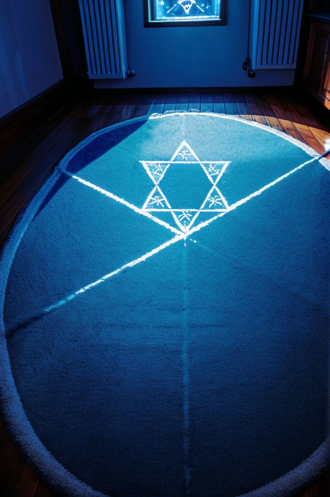 A glowing blue hexagram magic circle is drawn on the floor of the room.。A dim, foggy room。Poor visibility。