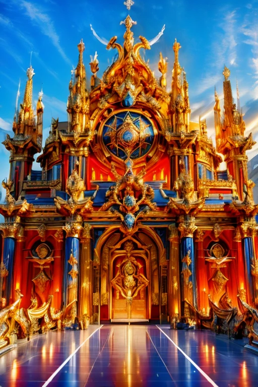 Exterior of the huge palace, cyberpunk stile, design aggressivo, ((huge sacred swords theme)), ((exterior full view)), colors orange blue red, Ultra realistic, very high definition , alto come un grattacielo, huge holy sword on top, greek sea background