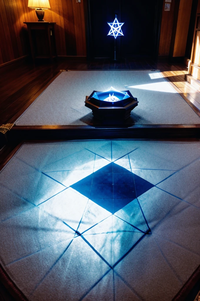 A glowing blue hexagram magic circle is drawn on the floor of the room.。A dim, foggy room。Poor visibility。