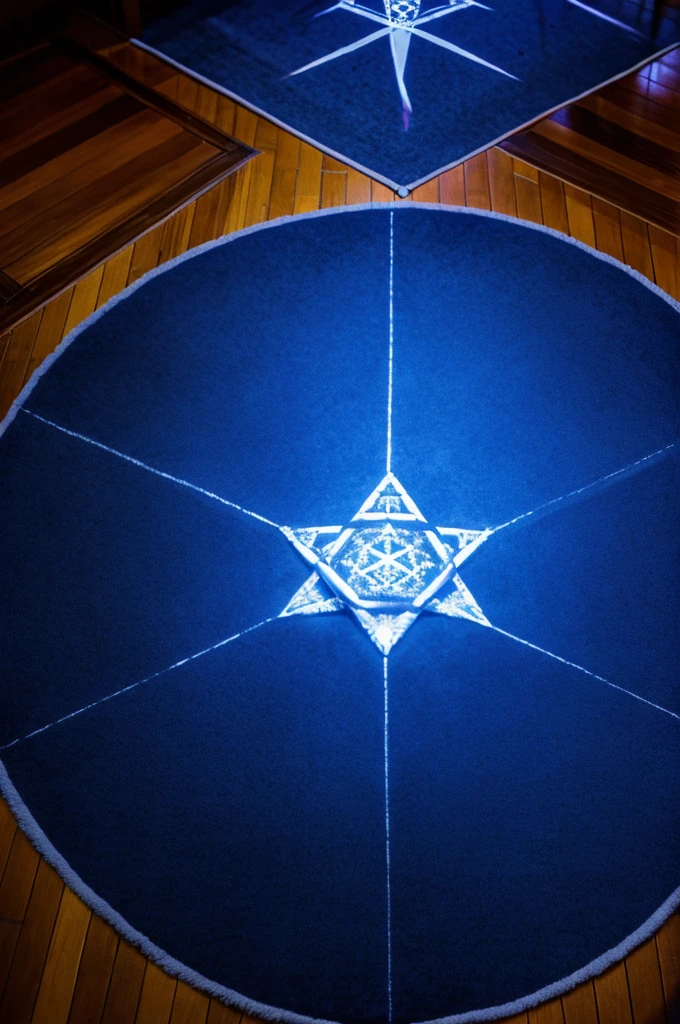A glowing blue hexagram magic circle is drawn on the floor of the room.。A dim, foggy room。Poor visibility。