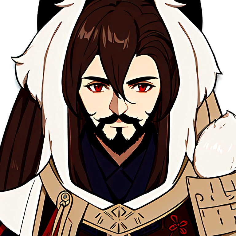 masterpiece, best quality, simple background, portrait, solo, 1man, 30 years old, white fox tail on shoulders, dark brown hair, beard, light armor, dark red eyes