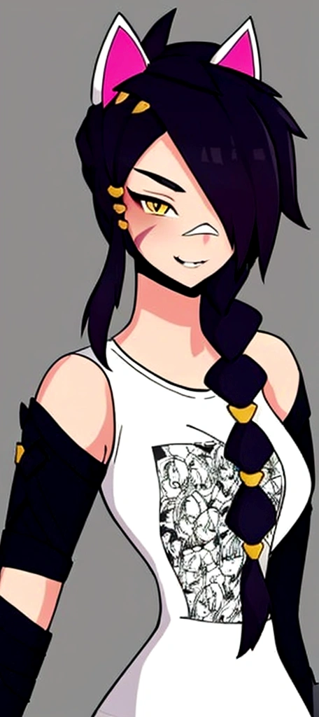 Cat girl with long black hair, is very chubby, sitting on couch, Erisa Fortnite, huge thighs, big boobs