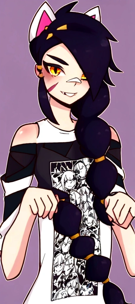 1 girl, Alone, wide, looking at the viewer, black fur, bandage on face, yellow eyes, animal ears, SMILE, bandage on nose, braid, cat ears, bandage, hits, old, fake animal ears, simple background, Open mouth, canine, , bare shoulders, SCAR, teeth, shirt, bare shoulders, white shirt, short sleeves, Closed mouth, t-shirt, hair over one eye, portrait, if, hair over the shoulder, Bermuda,