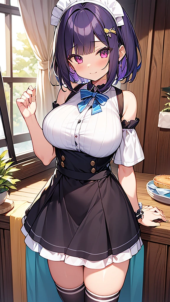 最high quality, high quality, Super detailed, 32k, Ultra-detailed details, , {{The succubus maid has the face of my sister}}, (only, Standing, pretty girl, beautiful purple hair, short hair, Beautiful RED eyes, mature, Big Breasts, A light smile, Off-the-shoulder sleeveless Summer cute maid outfit, Summer casual maid clothes, Short skirt, Blue and white color striped underwear, Black knee socks, loafers, She's holding 大きく up her skirt with both hands to show her underwear, 18-year-old,cute), A maid who moves her body vigorously without caring if her breasts bounce, Super detailed, indoor, maid Cafe, Full body image, ((Head to Toe:1.3)), NSFW