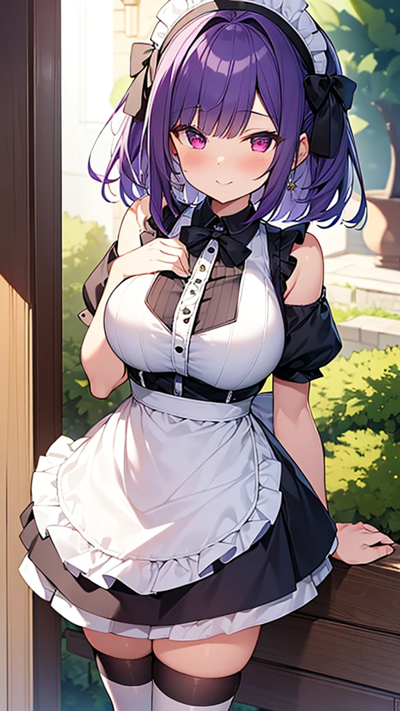 最high quality, high quality, Super detailed, 32k, Ultra-detailed details, , {{The succubus maid has the face of my sister}}, (only, Standing, pretty girl, beautiful purple hair, short hair, Beautiful RED eyes, mature, Big Breasts, A light smile, Off-the-shoulder sleeveless Summer cute maid outfit, Summer casual maid clothes, Short skirt, Blue and white color striped underwear, Black knee socks, loafers, She&#39;s holding 大きく up her skirt with both hands to show her underwear, 18-year-old,cute), A maid who moves her body vigorously without caring if her breasts bounce, Super detailed, indoor, maid Cafe, Full body image, ((Head to Toe:1.3)), NSFW