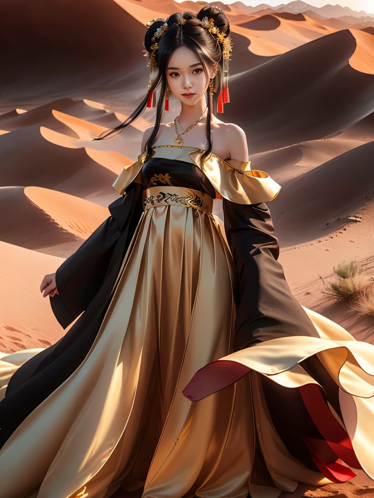 Girl in traditional Chinese clothing, Hanfu, Guzhen Hanfu women, White Hanfu,(long straight black hair:1.5), black eyes, black bun hairstyle, hair accessories ,gold long earrings, , Dia Necklace, Clear eyes, Facing forward,put on makeup, Long eyelashes ,(black long shoulder coat:1.8), (Very long skirt, black:1.5), ((Whole body covering)), Clear face, hair accessoriesจำนวนมาก , (Very beautiful face, Beautiful mouth, beautiful eyes), detailed face, ((Ultra-fine skin)), In the dark, deep shadows, an ancient Chinese girl (Very slim figure 1.3) ,Plump breasts, elegant posture , There is a red flower spot on the forehead. , pointing at the camera, (desert:1.5),