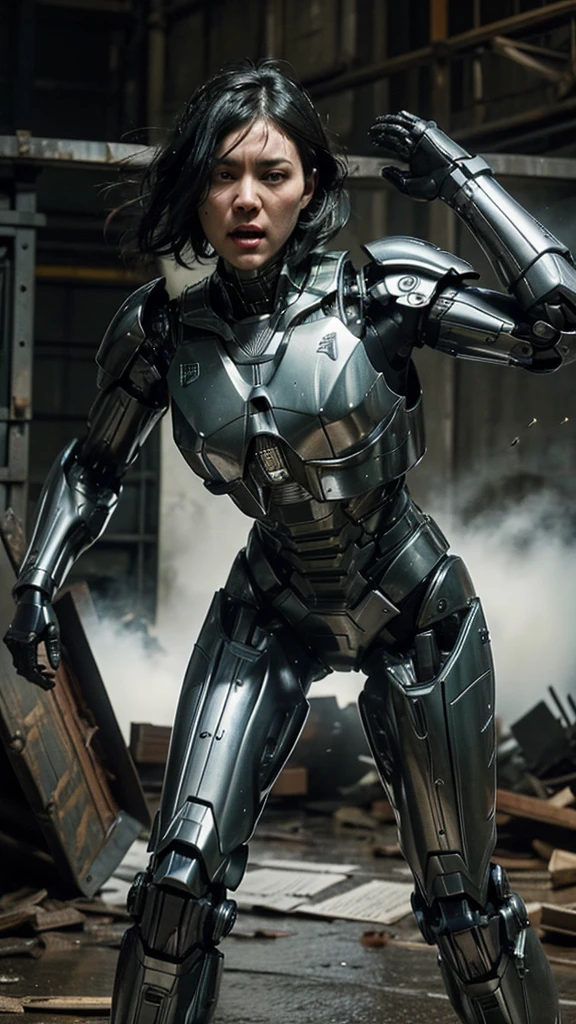 Textured skin, Very detailed, Attention to detail, high quality, 最high quality, High resolution, 1080P, hard disk, beautiful,(War Machine),beautifulサイボーグ女性,Mecha Cyborg Girl,Battle Mode,Girl with a mechanical body　Black Hair　Short Hair Boyish　Dark green armor　Sweaty and wet face　(Being slammed into a wall)(Headgear breaks and flies off)　(Debris flying away)Steam coming from the head　Steam coming out of the whole body　Painful expression　Please open your mouth wide　Snug-fitting headgear　Black Inner Suit　Full body portrait　Gas mask with a long nozzle（front）