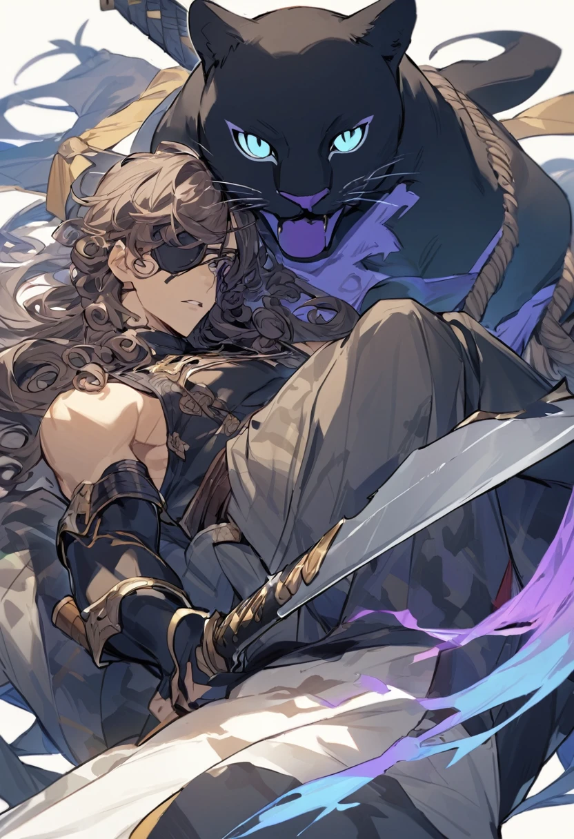 Warrior with a jelaba and a scimitar type sword The warrior wears an eyepatch and curly hair Next to him a panther is lying