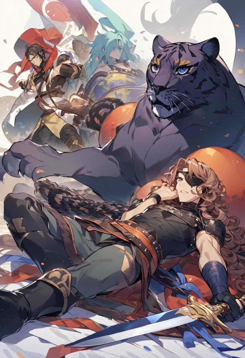 Warrior with a jelaba and a scimitar type sword The warrior wears an eyepatch and curly hair Next to him a panther is lying 