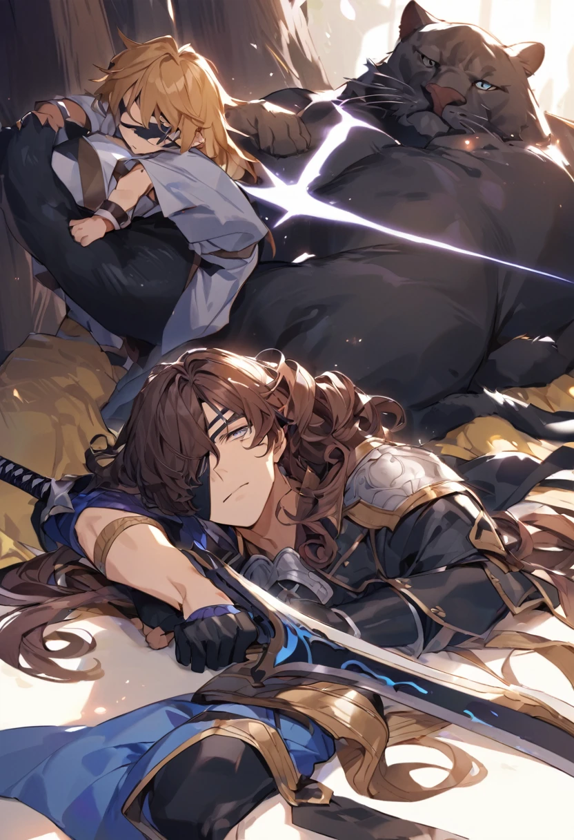Warrior with a jelaba and a scimitar type sword The warrior wears an eyepatch and curly hair Next to him a panther is lying