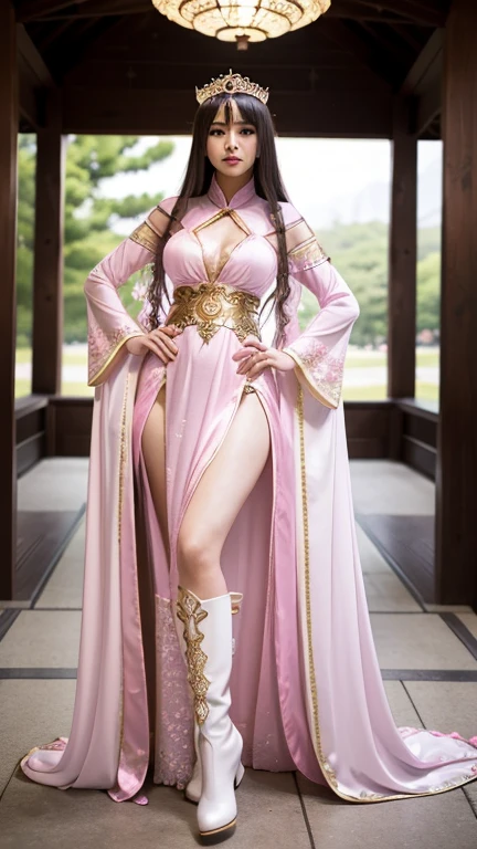 a girl in a pink dress and white boots poses, fantasy costume, beautiful and detailed face, Full Body Xianxia, cosplay, elegant glamorous cosplay, ((a beautiful fantasy empress)), a beautiful enchantress, beautiful enchantress, a beautiful fantasy empress, chica anime cosplay, glamorous cosplay, ornate cosplay, flowing magic flesh robe, japanese goddess, fantasy robe