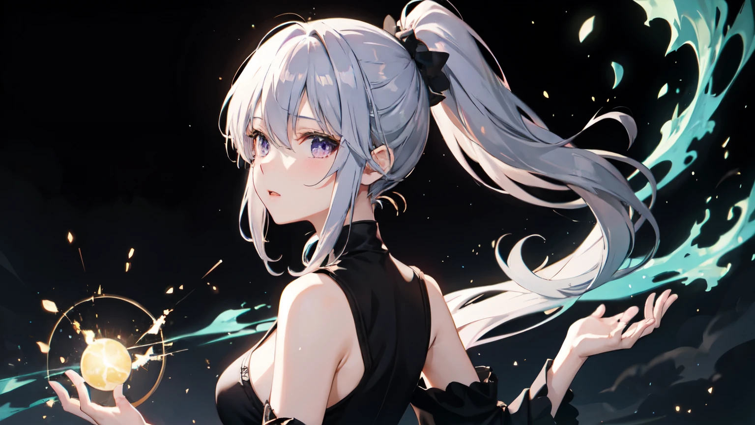 One girl, ponytail ,Gray Hair, Purple eyes, magic circle, Blue Fire, Blue Flame, Depth of written boundary, night, Particles of light, light, Side Lighting,cloud,白い髪の毛をponytailにまとめた紫色の瞳のパジャマ姿の美少女が、nightのベランダで風を感じながら立っている姿