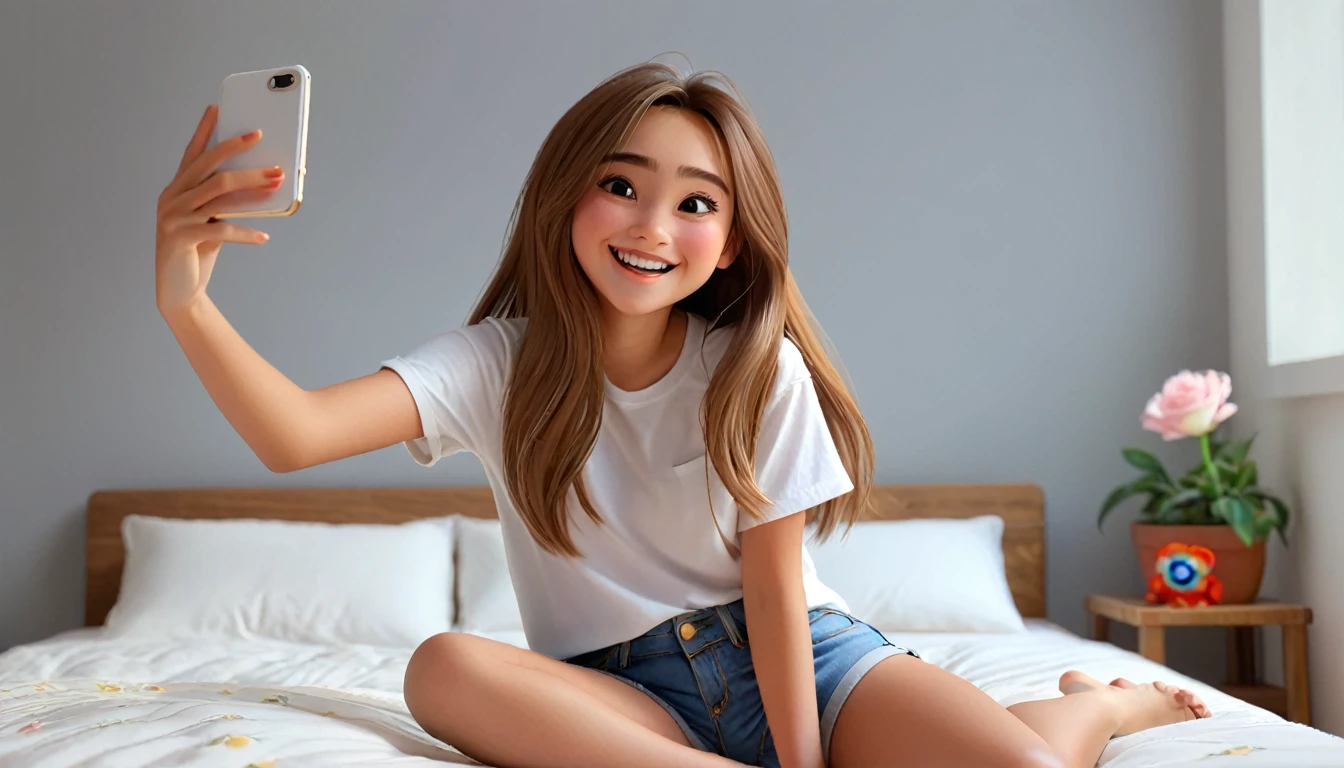 ((masterpiece, best quality)), award winning, 4k, 8k, simple background, photography, visible face, (one girl), 20 years old, Teenage girl with a cheerful and playful demeanor. She has long, straight hair, a simple white plain t-shirt and denim shorts. wariza pose, in bed, taking selfie. Perfect hands. Pixar Character.