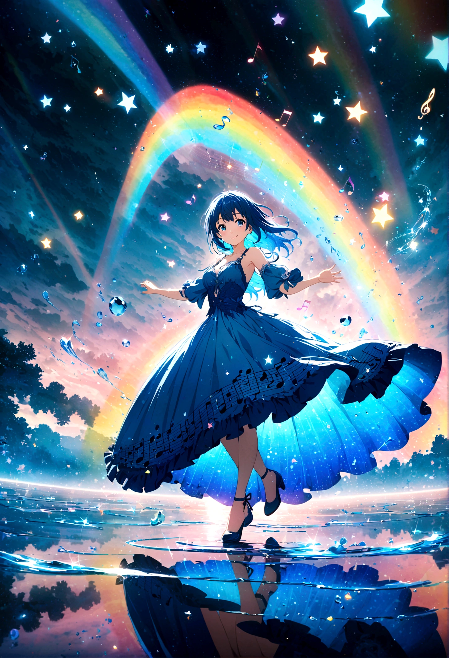 Anime style, ultra-detailed, 8K CG, blue-haired girl, smile, blue world, mysterious blue objects floating, star, (musical note), rainbow, blue dress, reflection, rainbow-colored water dancing around her. Rotating rainbow-colored water.