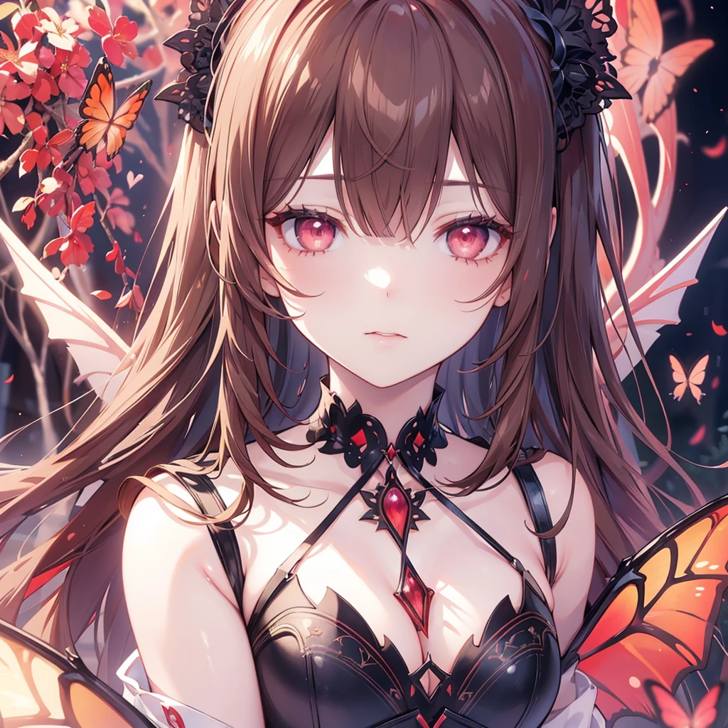 A beautiful adult female vampire with light brown hair in long style with bangs, captivating pink eyes, surrounded by red butterflies, hyperrealistic, highly detailed, intricate, dramatic lighting, cinematic, digital art, concept art, portrait, ultra-detailed, 8k, photorealistic