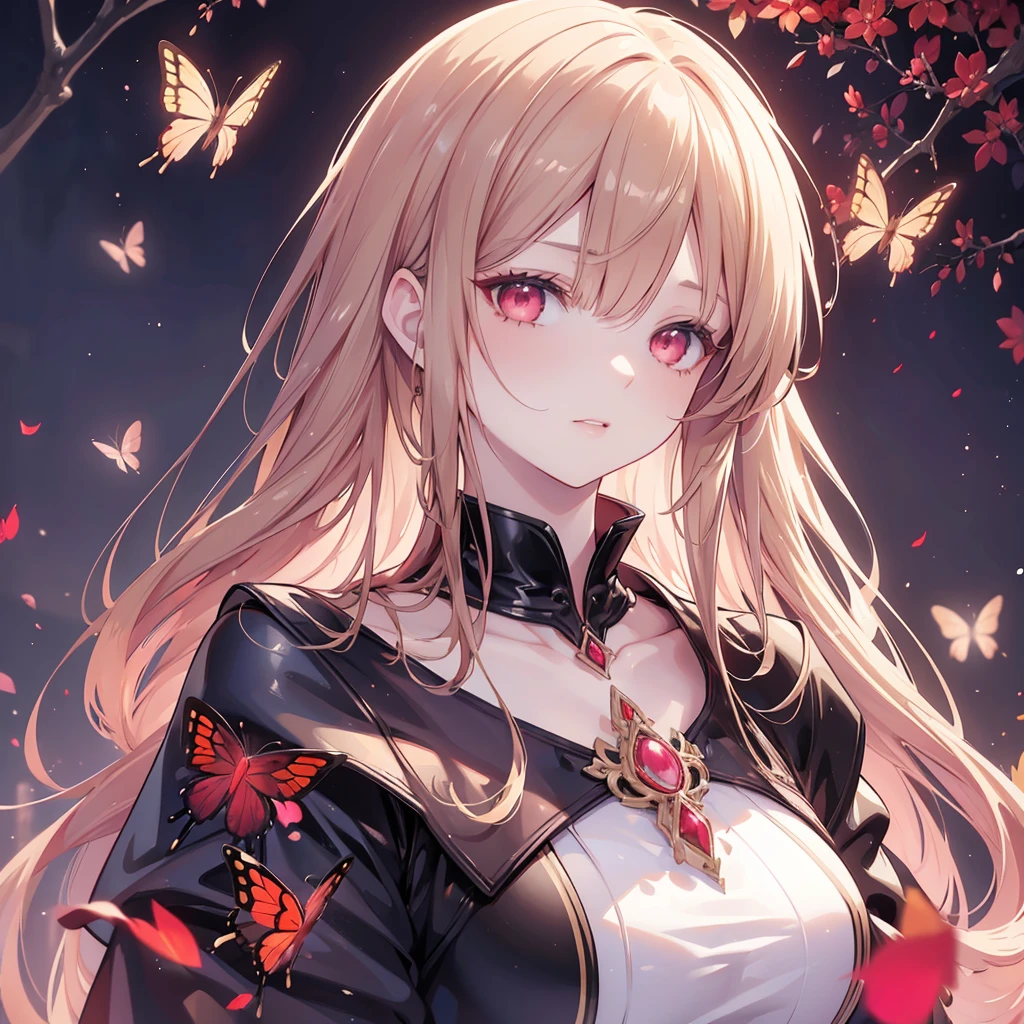 A beautiful adult female vampire with light brown hair in long style with bangs, captivating pink eyes, surrounded by red butterflies, hyperrealistic, highly detailed, intricate, dramatic lighting, cinematic, digital art, concept art, portrait, ultra-detailed, 8k, photorealistic