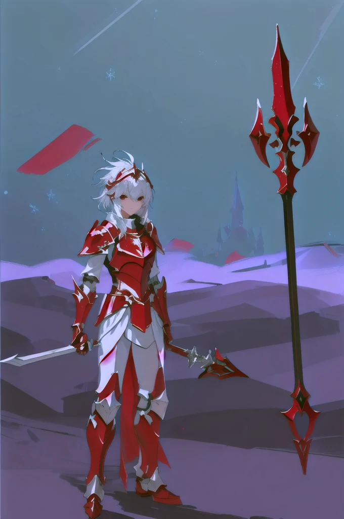 cartoon of a knight with a red lance, silver armor and red clothing, red armor, white and red armor, magic armor, clothed in ethereal battle armor, blood red armor, knight armored in red, ice crystal armor, rpg character avatar, red demon armor, armor and robes, fantasy knight, fantasy armor