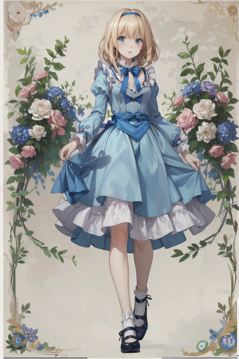 (Official Art、Highest quality、Unity 8k wallpaper、32k、masterpiece、Ultra-detailed、Ultra-high resolution)、Fantastic、((Alice in Wonderland))、Blonde、Tie your hair with a ribbon、Blue colored eyes、Blue Apron Dress、White socks、Trump、Usagi