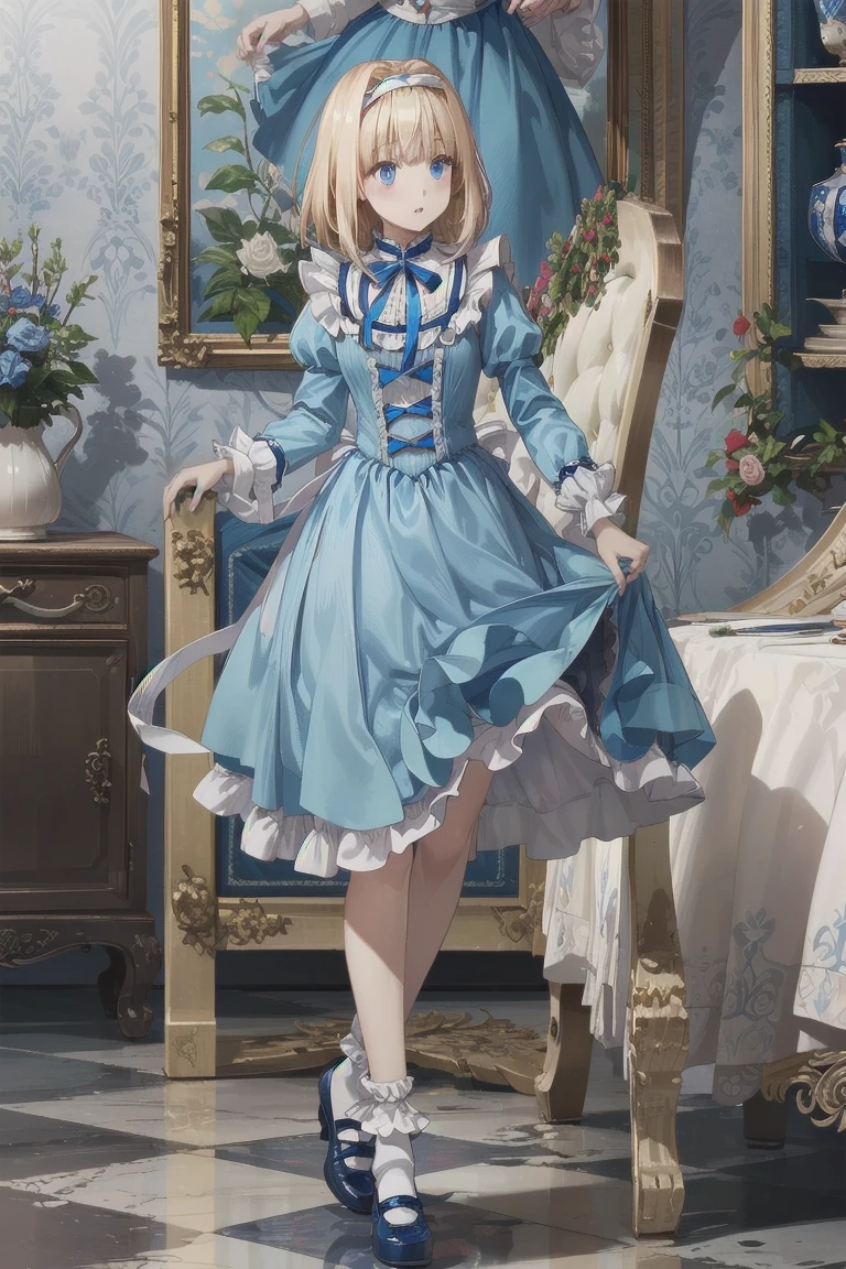 (Official Art、Highest quality、Unity 8k wallpaper、32k、masterpiece、Ultra-detailed、Ultra-high resolution)、Fantastic、((Alice in Wonderland))、Blonde、Tie your hair with a ribbon、Blue colored eyes、Blue Apron Dress、White socks、Trump、Usagi