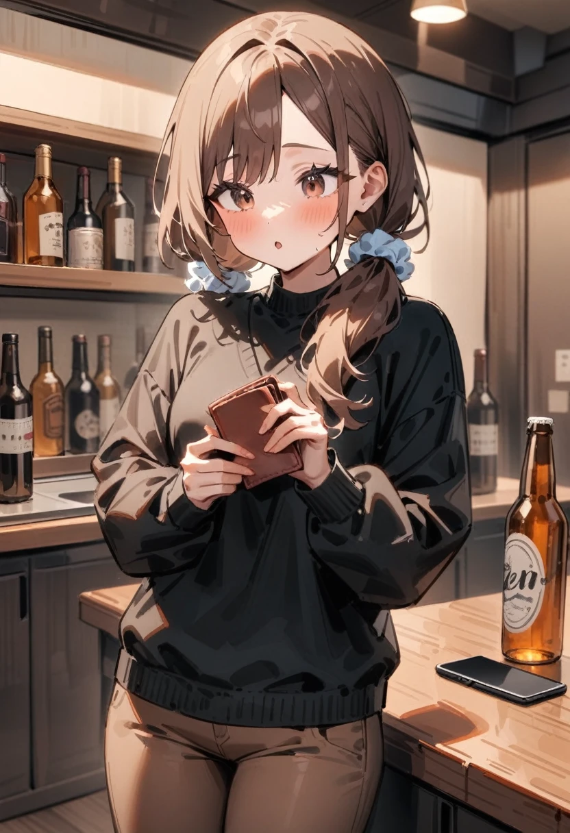 masterpiece, best quality, very aesthetic, absurdres, newest, 1girl, solo, asymmetrical bangs, tareme, young adult, brown hair, shirt, long sleeves, holding, twintails, brown eyes, standing, cowboy shot, pants, indoors, sweater, black shirt, wallet, scrunchie, beer bottle, hair over shoulder, smartphone, alcohol, holding wallet, black sweater, brown pants, counter, looking at wallet