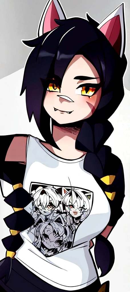 1 girl, Alone, wide, looking at the viewer, black fur, bandage on face, yellow eyes, animal ears, SMILE, bandage on nose, braid, cat ears, bandage, hits, old, fake animal ears, simple background, Open mouth, canine, , bare shoulders, SCAR, teeth, shirt, bare shoulders, white shirt, short sleeves, Closed mouth, t-shirt, hair over one eye, portrait, if, hair over the shoulder, Bermuda,