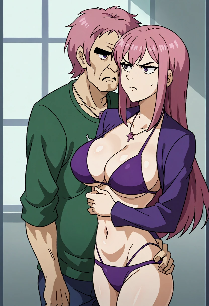 Masterpiece, best quality, Masterpiece, best quality, 1 woman , Long pink hair , purple eyes , Annoyed look , purple bikini , big breasts , abdomen , วางมือบนhip , hip , thigh , In front of the room , 1 old man , long-sleeved shirt , Embrace a woman , woman resists