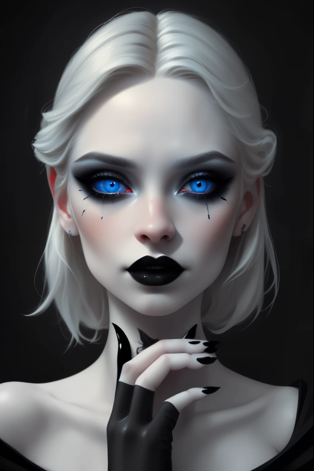 ((Masterpiece)), ultrarealistic, portrait of a beautiful pale skinned vampire with (Black nail polish), a deep dark makeup, bright blue eyes, in a dark and gloomy environment. (The message is Portuguese.)