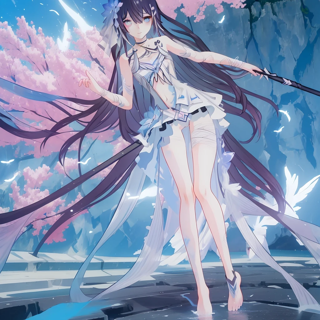 ((A far view)) of a anime girl, (standing in the water), cinematic light, slim body with curves, skin perfectly white, soft, and smooth, Extremely delicate and beautiful CG illustration, best quality, high resolution, dynamic angle, full-length lens, (1 girl), soft light, high-key lighting), glowing light, blue aura, feathers fluttering background, blue crystal, black long hair, barefoot