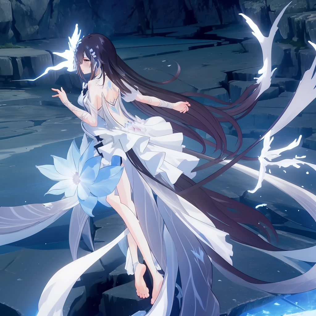 ((A far view)) of a anime girl, (standing in the water), cinematic light, slim body with curves, skin perfectly white, soft, and smooth, Extremely delicate and beautiful CG illustration, best quality, high resolution, dynamic angle, full-length lens, (1 girl), soft light, high-key lighting), glowing light, blue aura, feathers fluttering background, blue crystal, black long hair, barefoot