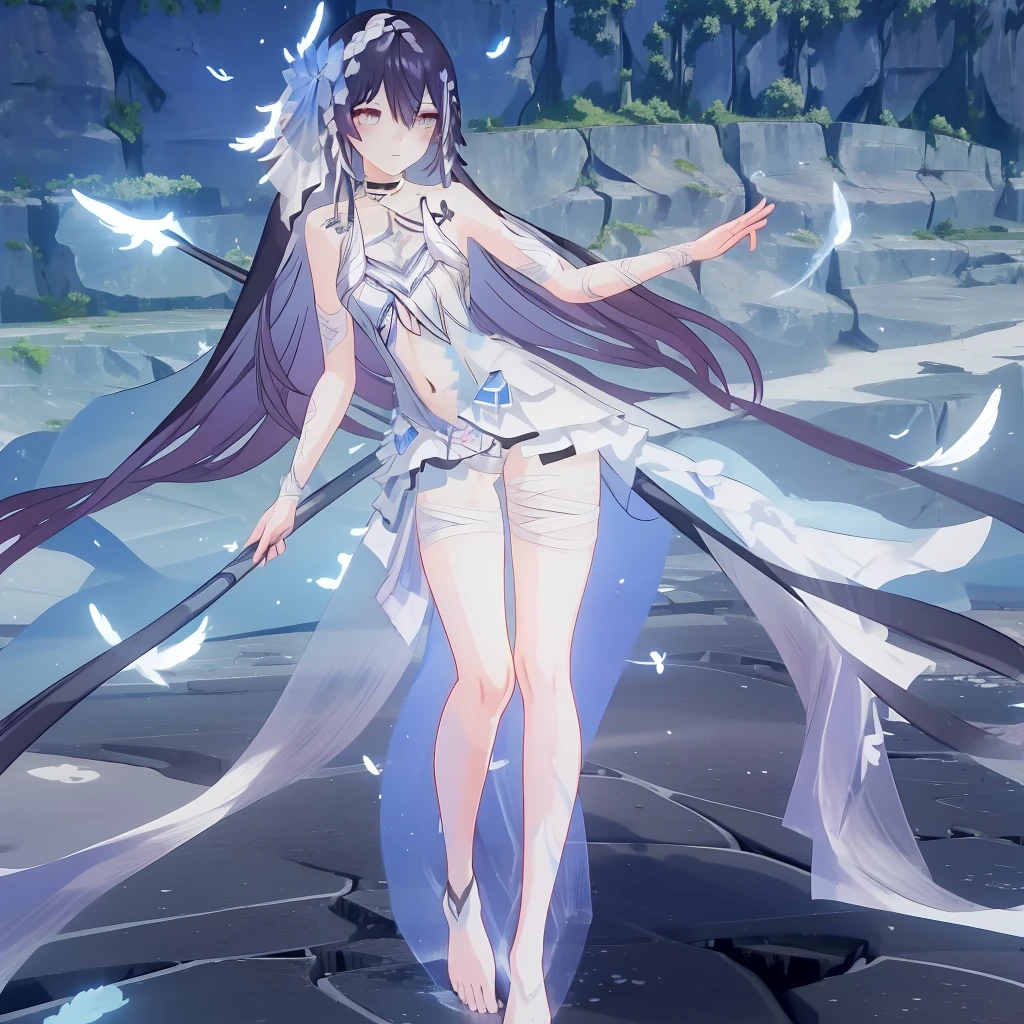 ((A far view)) of a anime girl, (standing in the water), cinematic light, slim body with curves, skin perfectly white, soft, and smooth, Extremely delicate and beautiful CG illustration, best quality, high resolution, dynamic angle, full-length lens, (1 girl), soft light, high-key lighting), glowing light, blue aura, feathers fluttering background, blue crystal, black long hair, barefoot