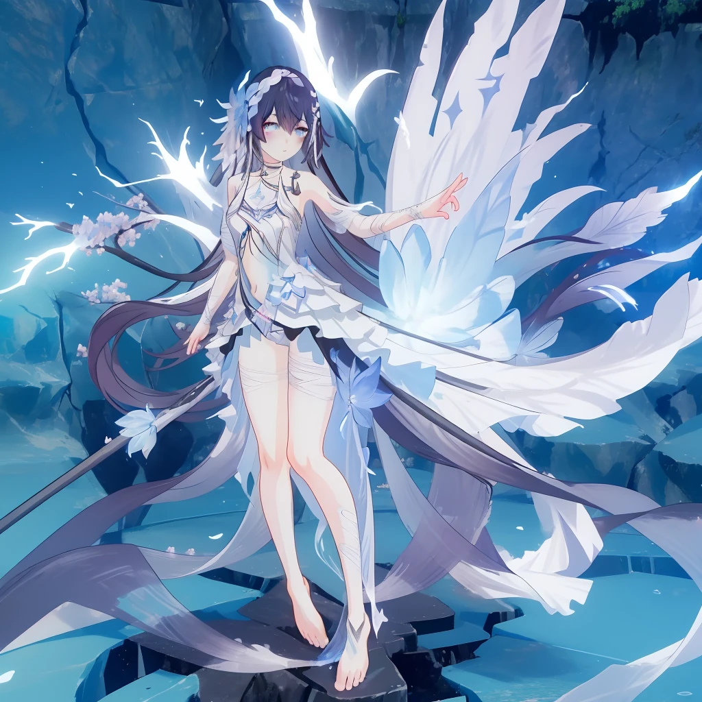 ((A far view)) of a anime girl, (standing in the water), cinematic light, slim body with curves, skin perfectly white, soft, and smooth, Extremely delicate and beautiful CG illustration, best quality, high resolution, dynamic angle, full-length lens, (1 girl), soft light, high-key lighting), glowing light, blue aura, feathers fluttering background, blue crystal, black long hair, barefoot