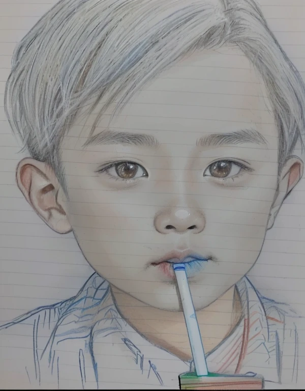 Drawing of a boy with a straw in his mouth, Detailed face of asian boy, Colored pencil sketch, Colored pencil sketch, Inspired by Huang Gongwang, Inspired by Zhang Xiaogang, Crayon on paper, Close-up portrait, by Ayako Rokkaku, Inspired by Nam Kyaw, Color painting, Inspired by Margaret Keane