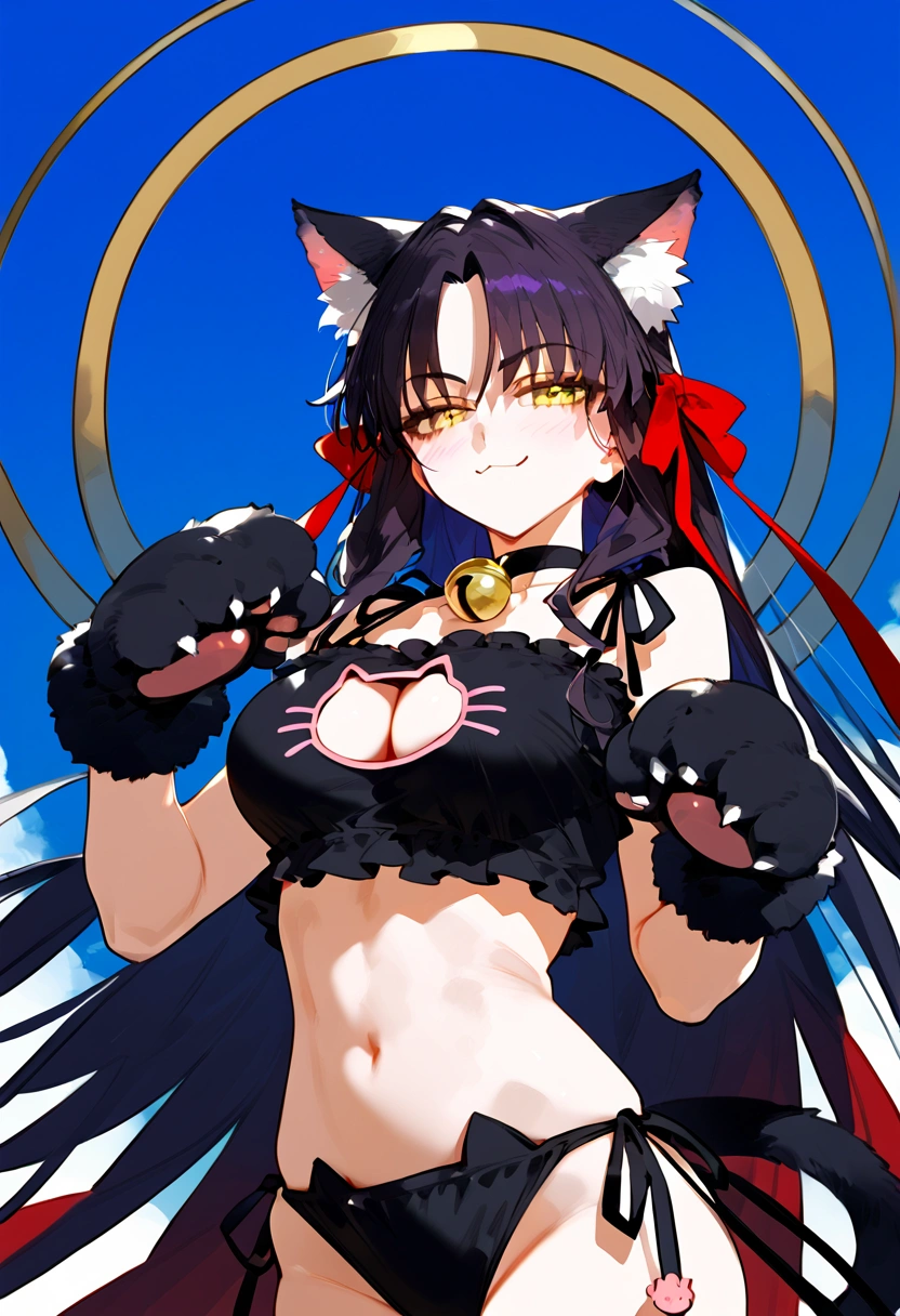 anime artwork, score_9, score_8_up, score_7_up, score_6_up, score_5_up, score_4_up,sessyoin_kiara, fate_(series), 1girl, black_hair, yellow_eyes
 \\\\\\ \\\\\ , cat lingerie, paws gloves, cat tail, the pose, , claws, naughty face, sky background
