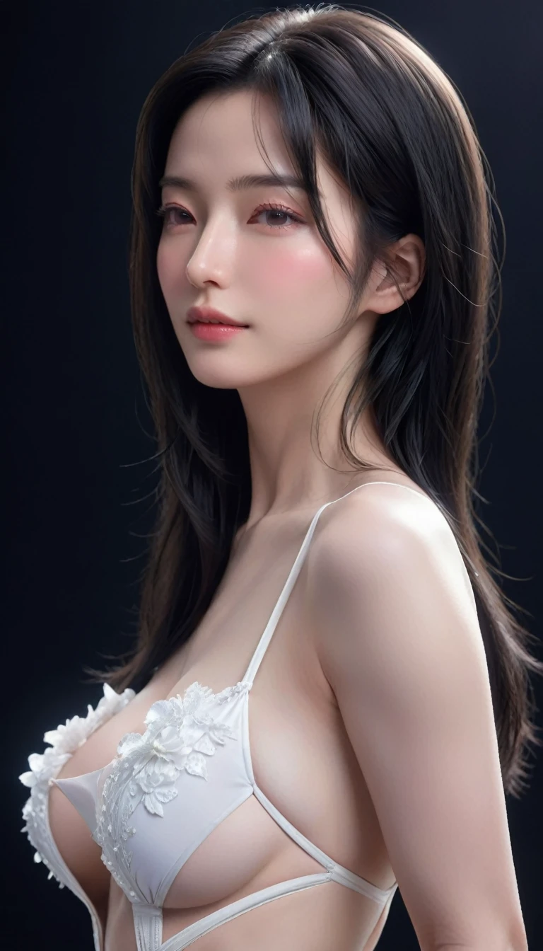 ((最大16K解像度のmasterpiece:1.6)), beautiful, Highest quality, Absolutely wonderful, high detail, Ultra-high resolution, masterpiece, Real, Realistic, The depth of the written world, Cinematic Light, 
One elegant mature woman, Long black hair, beautiful顔, Highly detailed facial expressions, Gentle expression, Transparent white skin, Very delicate skin texture, Superb proportions, Anatomically correct body,
Elegant high leg swimsuit, snow-white color, Fine fabric texture、
Black Background,
Focus on the upper body,((Close-up of face:1.5)),
