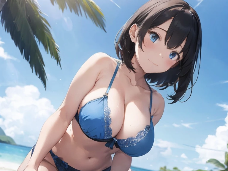 Innocent 、Summer clothes、Her large breasts pressed against、Blue bra shows through、He's in light blue and he's lifting her skirt、Showing off cute white underwear、barefoot、In the classroom、Hugs to many friends、Slim and large