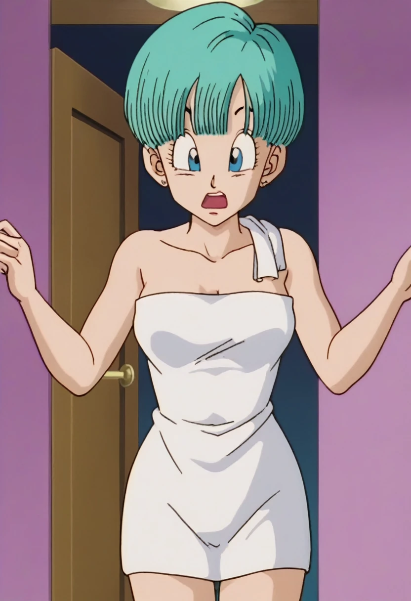 source_anime, score_9, score_8_up, score_7_up, anime screencap,
buu saga, aqua hair, very short hair, bowl cut, blue eyes, wearing bath towel opened, (((showing her bib boobs))))wet hair, shocked, open mouth, indoors, door, dark room, wet skin, 
 