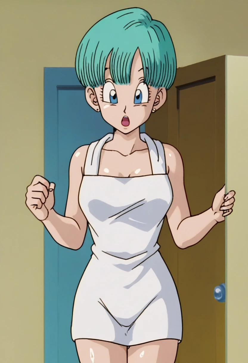 source_anime, score_9, score_8_up, score_7_up, anime screencap,
buu saga, aqua hair, very short hair, bowl cut, blue eyes, wearing bath towel opened, (((showing her bib boobs))))wet hair, shocked, open mouth, indoors, door, dark room, wet skin,