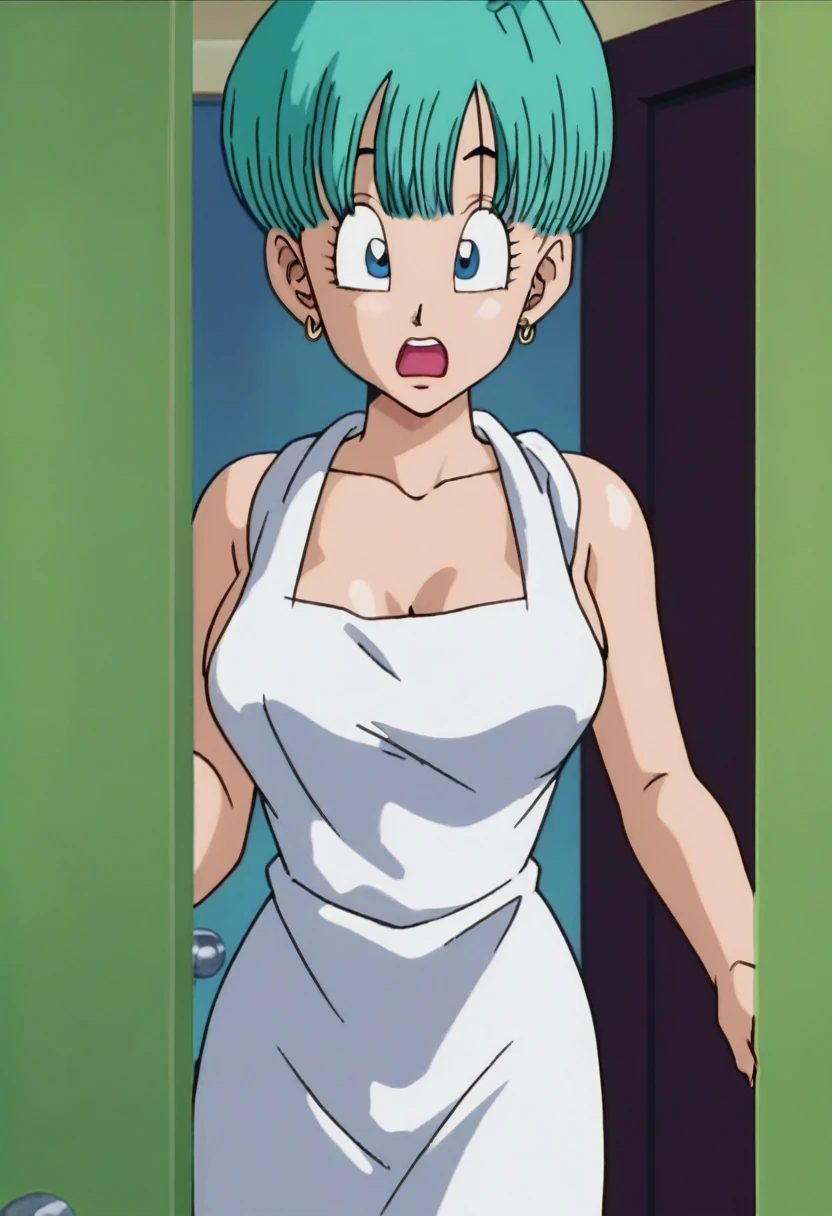 source_anime, score_9, score_8_up, score_7_up, anime screencap,
buu saga, aqua hair, very short hair, bowl cut, blue eyes, wearing bath towel opened, (((showing her bib boobs))))wet hair, shocked, open mouth, indoors, door, dark room, wet skin,