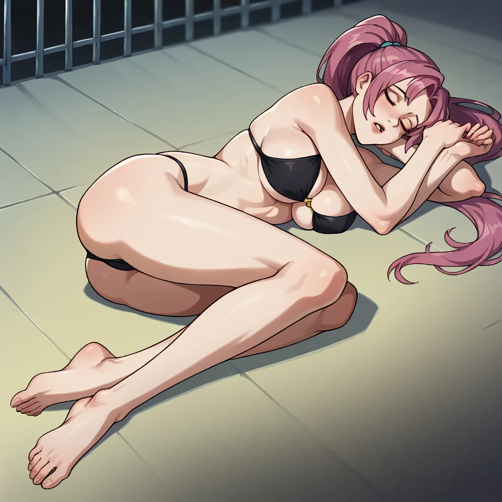 Masterpiece , best quality , Masterpiece , best quality , 1 woman , Close your eyes. , Pink ponytail , be unconscious , black bikini , abdomen , big breasts , Beautiful long legs , Barefoot , Lie down on the floor. , Open your legs. , prison cell