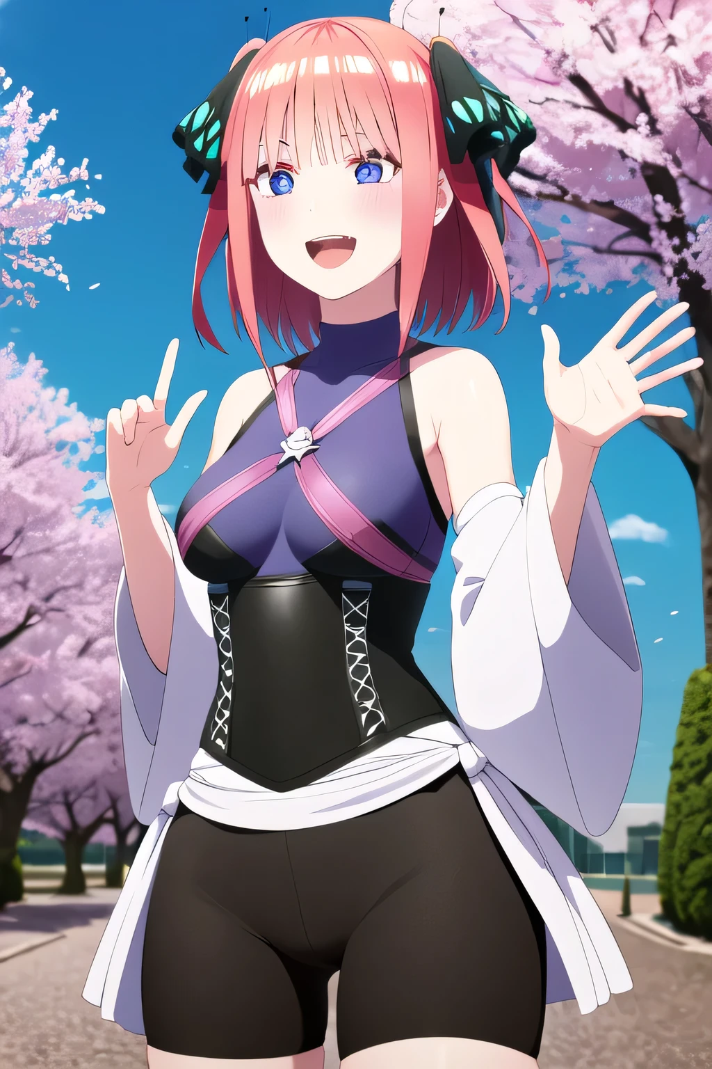 masterpiece, best quality, highres, nino nakano, short hair, bangs, blue eyes, hair ornament, hair ribbon, pink hair, blunt bangs, two side up, butterfly hair ornament, medium breasts, turtleneck, harness, blue shirt, detached sleeves, corset, black shorts, waist cape, black thighhighs, smile, open mouth, waving, standing, cowboy shot, cherry blossoms, outdoors,