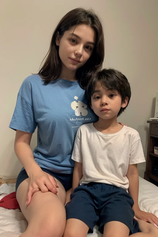 young boy sitting on his mother's lap in a cozy bedroom, appropriate blue underwear clothes. mother and son, 1boy, jackpot please, big thighs, horizontal colors shirt. black on bottom white on top
