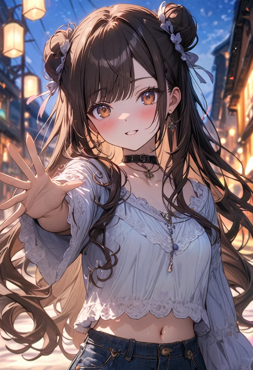 (masterpiece), best quality, very aesthetic, newest, absurdres, detailed, high quality
BREAK
highest quality, top quality, details, highres, ultra fine painting, digital art, official art, cinematic, 4k, 8k resolution, 8K CG wallpaper, CG, original artwork, detailed background, colorful background, blue atmosphere, High Dynamic Range, blurry background, blue hour, Starburst effects, crepuscular rays, good ISO, high resolution, wide shot, from far away, RAW photo, POV, sharp focus, light reflection, reflections, intricate details, soft light, particle noise, professional photography, bokeh, depth of field, natural lighting, vibrant colors, looking away, detailed lights and shadows, stylish, ultra-detailed, top rated on Pixiv, trending on Artstation, niji style, modern-days, master crafted, pose
BREAK
solo, (close up), 1girl, pale skin, correct fingers, detailed hand, (breasts:1.2), big thighs, small torso, short body, flushtered, blush, anxious expression, embarassed, embarassed act, casual, slim, ((cute, childlike face):1.3), nice hips, nice body, brown hair, (very long flowing hair), (big 2 buns hairstyle)), long bangs, long hair, middle hair bangs, brown eyes
BREAK
(loose-fitting crop shirt, long sleeve, denim shorts, choker, casual wear style, tummy skin, modern fashion)
BREAK
Empty streets background, anime background, quiet street, street lamps, sky