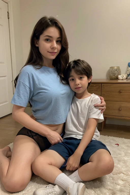 young boy sitting on his mother's lap in a cozy bedroom, appropriate blue underwear clothes. mother and son, 1boy, jackpot please, big thighs, horizontal colors shirt. black on bottom white on top
