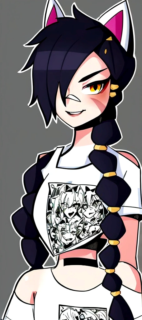 1 girl, Alone, wide, looking at the viewer, black fur, bandage on face, yellow eyes, animal ears, SMILE, bandage on nose, braid, cat ears, bandage, hits, old, fake animal ears, simple background, Open mouth, canine, , bare shoulders, SCAR, teeth, shirt, bare shoulders, white shirt, short sleeves, Closed mouth, t-shirt, hair over one eye, portrait, if, hair over the shoulder, Bermuda,
