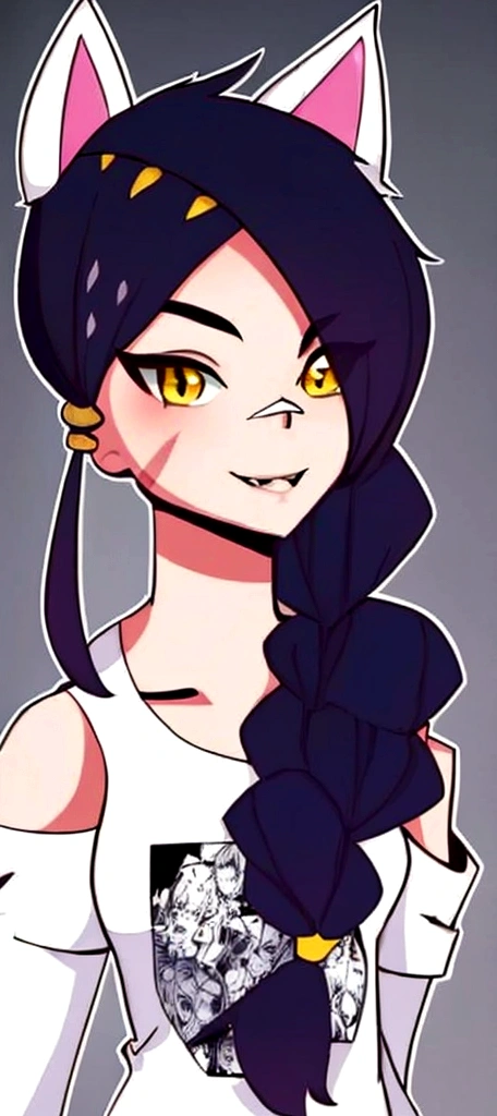 1 girl, Alone, wide, looking at the viewer, black fur, bandage on face, yellow eyes, animal ears, SMILE, bandage on nose, braid, cat ears, bandage, hits, old, fake animal ears, simple background, Open mouth, canine, , bare shoulders, SCAR, teeth, shirt, bare shoulders, white shirt, short sleeves, Closed mouth, t-shirt, hair over one eye, portrait, if, hair over the shoulder, Bermuda,