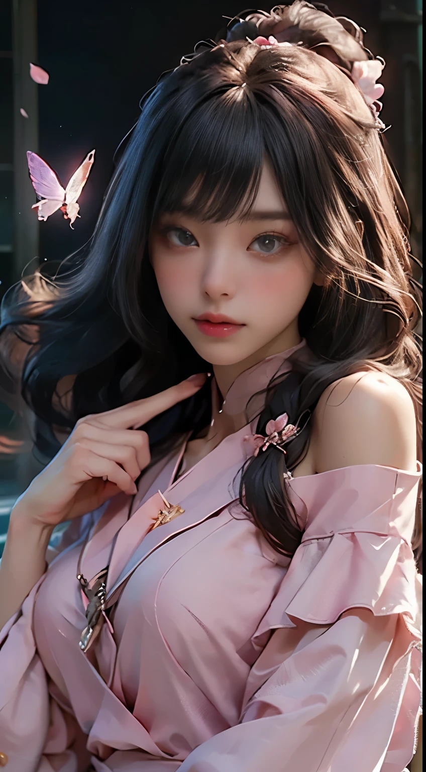 ((best qualtiy)), ((tmasterpiece)), (detail:1.4), Beautiful cyberpunk female images,hdr(HighDynamicRange),Ray traching,NVIDIA RTX,Hyper-Resolution,illusory 5,sub surface scattering,PBR textures,post-proces,Anisotropy Filtering,depth of fields,maximum definition and sharpness,Many-Layer Textures,Albedo e mapas Speculares,Surface coloring,Mitsu-Accurate simulation of material interactions,perfectly proportioned,rendering by octane,Two-colored light,largeaperture,Low ISO,White balance,Rule three points、8K raw data、Beautiful bright blue pupils,off-the-shoulder clothes,Fine pupils,Delicate face and eyes,long eyelasher,Blushlush,Delicate and fluffy hair,pink lip,Pure,Cute face,Sweet girl,Artistic sense,Casual wear,Advancedsense,butterflys,Cherry blossom petal,Beautiful hair accessories,Long hair and waist,Hair fluttering in the wind,Snow-white fox ears,curlies,Snow-white fluffy tail