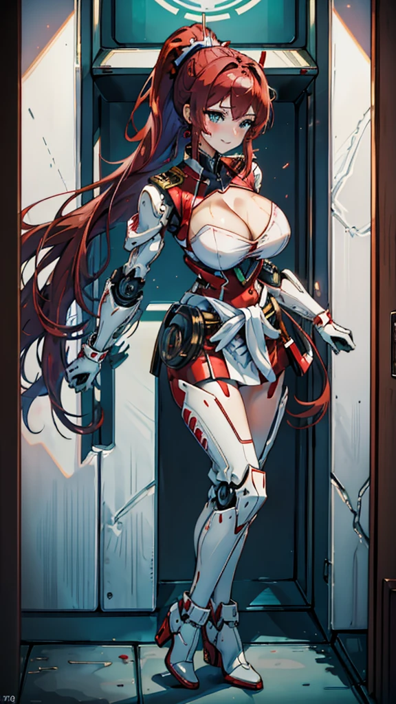18-year-old girl,Baby Face,Crimson short-haired,ponytail hairstyle,Smile,Huge breasts,cleavage,Sheer red sleeveless top,Leave space in the middle to reveal cleavage,Soaked all over,Blushing,green eyes,Female spy,Red miniskirt,White gloves,White hand sleeves,White boots,Science fiction,Future,Inside the mecha combat robot warehouse,robot driver,Pistol hanging on waist,No bangs,Wearing earrings only on one side,Lipstick